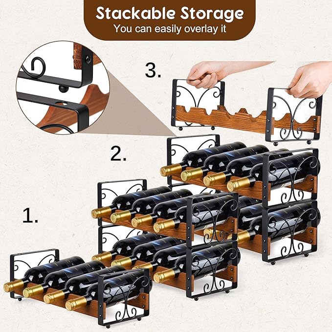X-cosrack Wine Rack Countertop, 3-Tier 12 Bottles Small Wine Rack Stackable for Inside Cabinet, Solid Wood & Wrought Iron Wine Bottle Holder, Wine Storage Shelf for Kitchen Bar Dining Room