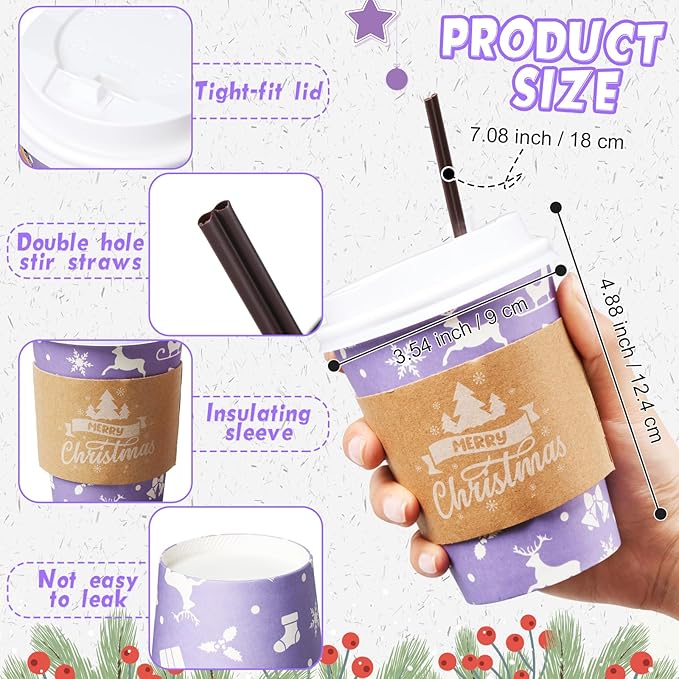 Remerry 100 Sets 400 Pcs 12 oz Christmas Disposable Coffee Cups with Lid, Straws and Sleeves Snowflake Reindeer Snowman Paper Cups Xmas Party Supplies for Hot Drink Cold Beverage (Purple Christmas)