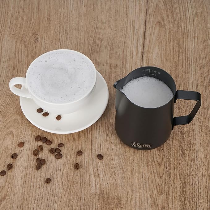 Milk Frothing Pitcher, 20oz Espresso Steaming Pitchers Stainless Steel Cappuccino Coffee Machine Accessories Barista Tools Steam Froth Pitchers Milk Jug Cup with Decorating Pen Latte Art, Matte Black