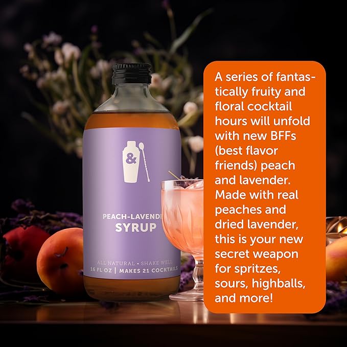 Shaker & Spoon Peach Lavender Cocktail Syrup, 16oz Floral & Fruity Flavored Syrups for Drinks, Vegan Cocktail Mixers, Mocktails, Non Alcoholic Drinks