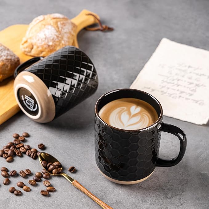 GBHOME Large Coffee Mugs Set of 4, 16oz Handmade Stoneware Coffee Mugs Set with Large Handle for Cappuccino/Latte/Tea/Hot Cocoa, Dishwasher & Microwave Safe, Black