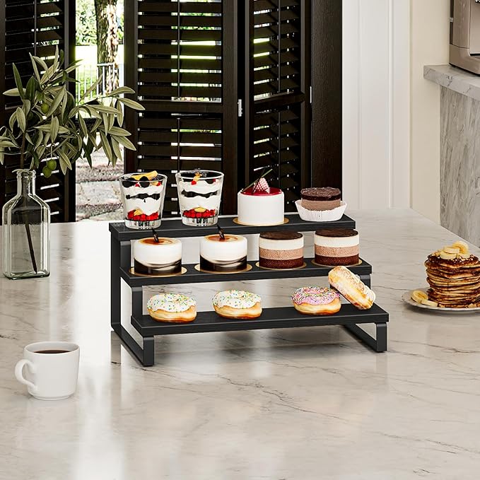 Giikin 3 Tier Display Stand Riser, Wooden Display Stand Perfume Organizer Stand Cupcake Stand Holder, Tiered Display Stand Risers Display Shelf for Home and Shop, Black