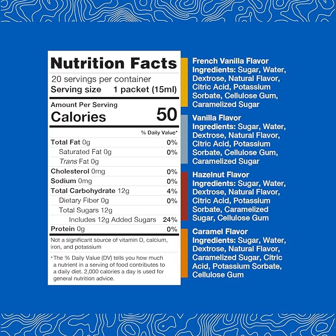 58Peaks Variety Pack of Flavored Syrup Sweetener Packets for Hot and Cold Drinks | To-Go Flavoring for Coffee, Tea, Milkshake and More | Vanilla, Caramel, French Vanilla & Hazelnut | 15mL | 20-Pack