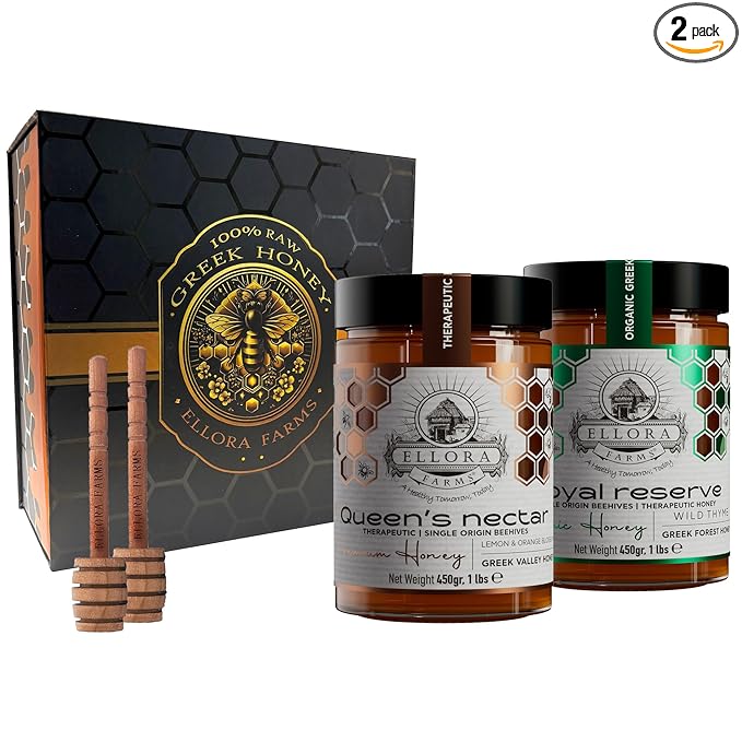 Ellora Farms Organic Honey, Thyme and Orange Blossom Raw Honey Organic Unfiltered, Single Origin Unfiltered Superfood, Includes Wooden Dipper, 1 lb Each, Twin Pack