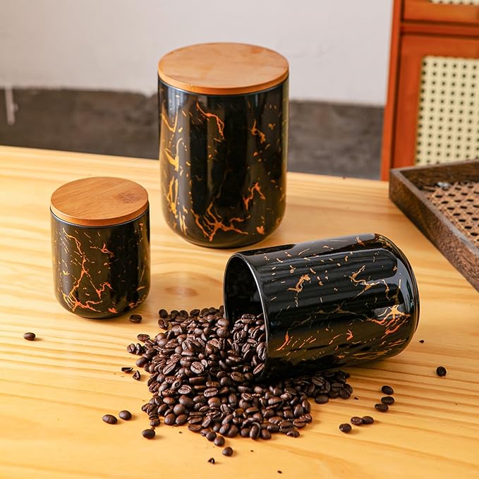 Ceramic Canister Set with Bamboo Airtight Lids, 3-Piece Kitchen Storage Jars (48oz, 30oz, 12oz) – Black with Gold Marble Pattern, Glossy Finish, for Coffee, Sugar, Flour & More