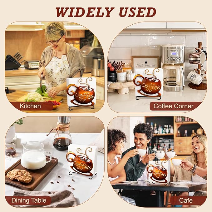 Coffee Napkin Holder for Table - Coffee Bar Decor Filter Holder for Counter, Tissue Napkin Dispenser Table Decor for Kitchen Home, Housewarming Gifts for Women, 3D Handmade Pattern, Metal