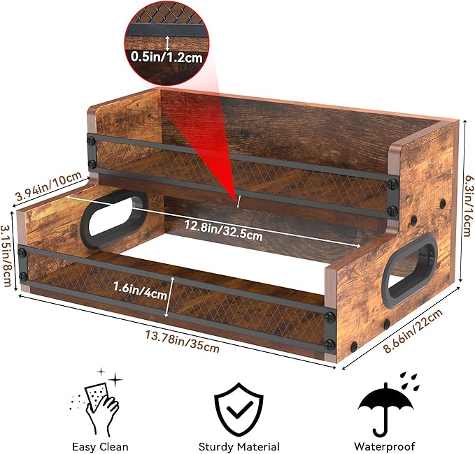 Liquor Bottle Display Shelf, Coffee Syrup Rack Organizer, 2 Step Countertop Liquor Wine Rack, 8 Bottles Coffee Station Organizer with Fences & Handles, Home Retro Bar Shelf Stand for Liquor Whiskey