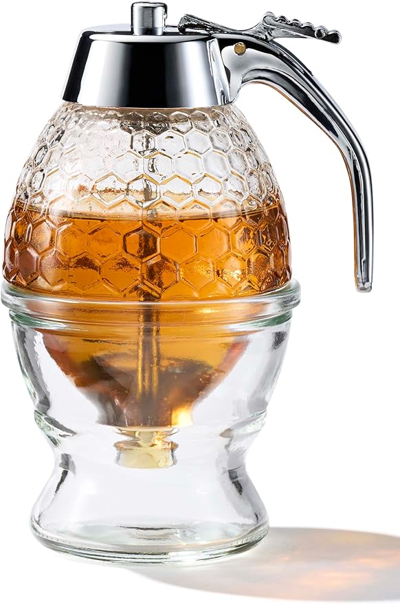 Stainless Steel Shaft, Glass Honey Dispenser, Chrome-Plated ABS Lid – No Drip Glass with Stand – 8 oz Honey Jar – Honeycomb Design Container – Honey Pot for Honey, Maple Syrup