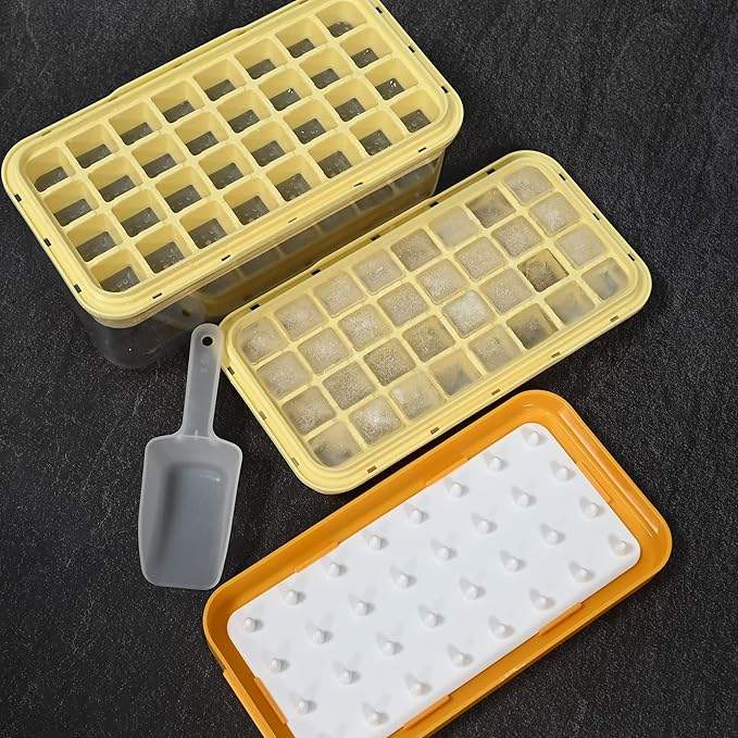 Ice Cube Tray, Press Type Ice Cube Maker, Ice Cube Trays with Lid and Storage, Yellow Ice Cube Moulds, 64 Pcs Ice Cubes, Easy Press to Release Ice, BPA Free, with Cover 2 Trays 1 Ice Bucket & Scoop