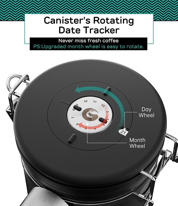 Coffee Gator Coffee Canister, 11oz Airtight Stainless Steel Kitchen Food Storage Container with Date Tracker, CO2-Release Valve and Scoop for Sugar, Beans, Tea, Sugar, Cereal, Cookies Jars - Black