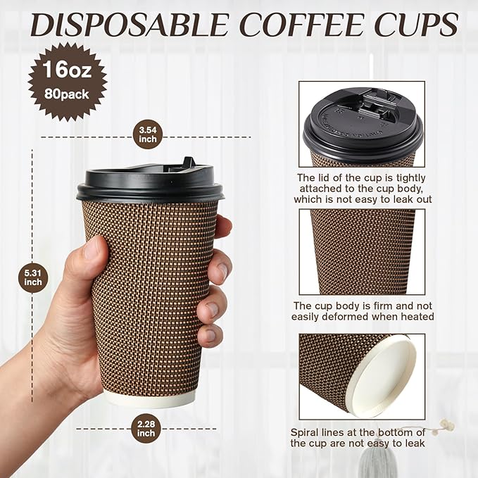 LITOPAK 80 Pack 16 oz Paper Coffee Cups, Insulated Ripple Wall Paper Cups with Lid and Straws, Three Layer Insulated Hot Beverage Cups for Hot Drinks, Coffee Cups for Parties, Picnic, and Travel