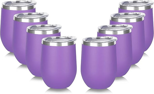 DOMICARE Stainless Steel Wine Tumbler Bulk with Lid, Personalized Insulated Tumblers Set, 12oz Travel Coffee Cups Pack of 8, Purple