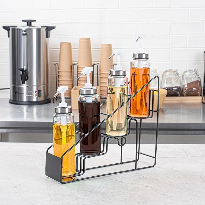 Restaurantware Restpresso 14 x 4 x 12 Inch Coffee Syrup Rack 1 4-Tier Syrup Holder - Wire Design Compact Black Iron Syrup Stand For Retail Displays Coffee Or Liquors