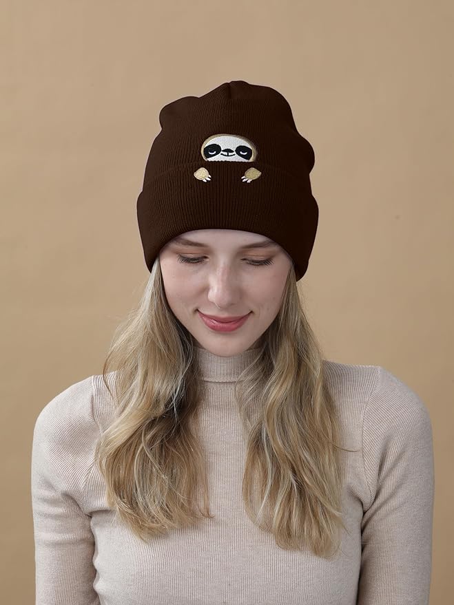 Sloth Gifts Hat Beanie for Women Men Coffee Lover Animal Funny Sloth Themed Accessories Related Decor Stuff