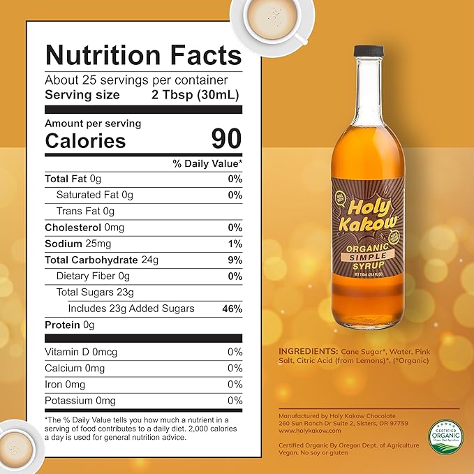 Holy Kakow Cafe Organic Simple Syrup - Simple Syrup, Coffee Syrup, Organic Syrup for Coffee, Simple Syrup for Coffee, Add to Latte, Cocktail and Shake, Real Food Ingredients, Specific Flavor - 750ml