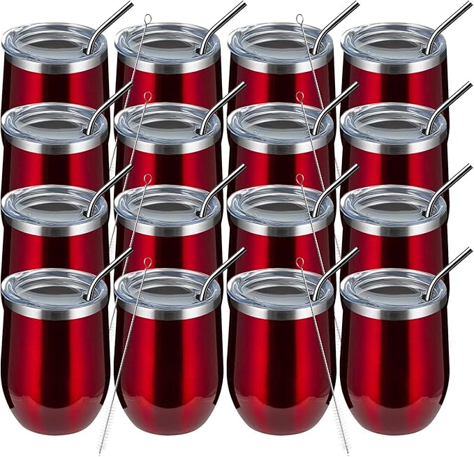 MEWAY 12oz Wine Tumbler 16 Pack Bulk Gifts for Women,Double Wall Vacuum Stainless Steel Travel Mug with Lid,Insulated Stemless Wine Cup Glass for Coffee,Cocktails,Drinks(Burgundy,Set of 16)