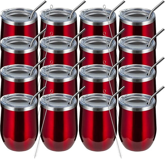 MEWAY 12oz Wine Tumbler 16 Pack Bulk Gifts for Women,Double Wall Vacuum Stainless Steel Travel Mug with Lid,Insulated Stemless Wine Cup Glass for Coffee,Cocktails,Drinks(Burgundy,Set of 16)