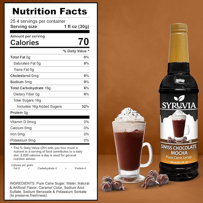 Syruvia Swiss Chocolate Mocha Syrup - 25.4 fl oz Premium Coffee Flavoring Syrup - Kosher Coffee Syrups, Gluten Free, No Coloring, Perfect for Drinks, Soda, Shakes, Desserts, and More With Pump