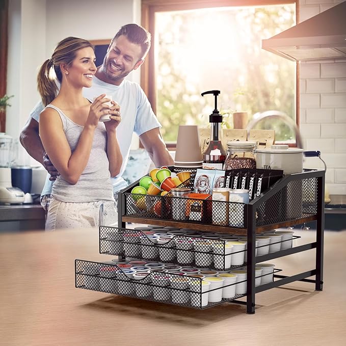 Coffee Bar Organizer - Coffee Station for Countertop, Metal and Wood K Cup holder Storage Basket for Coffee Pods, Syrup, Cups, Stirrer, Coffee Condiment, Tea Organizer, Black and Brown