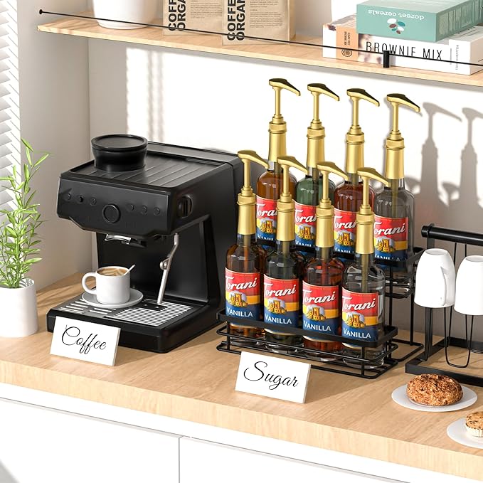 6 Bottle Coffee Syrup Organizer Rack, 2 Tier Coffee Syrup Stand Holder for Coffee Bar, Coffee Syrup Organizer for Countertop, Small Wine Rack for Family, Storage for Syrup, Dressing, Black