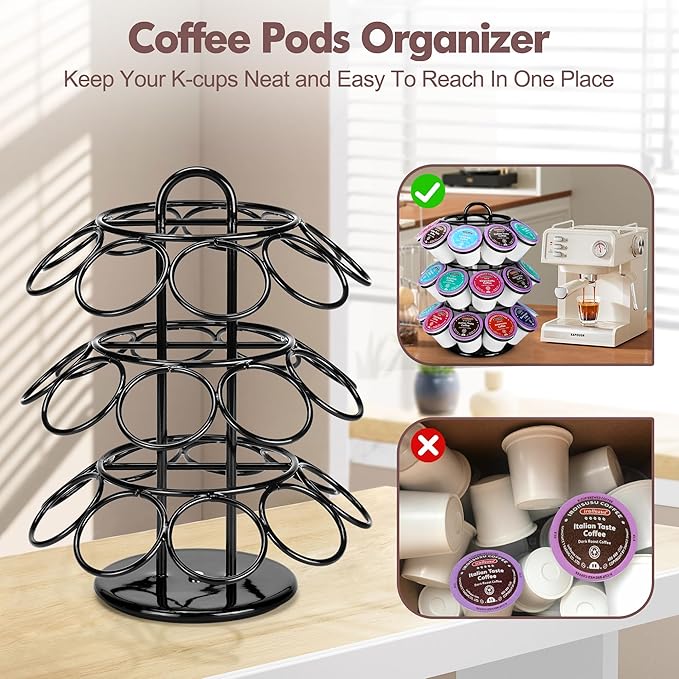 Coffee Pod Holder, K Cup Holders, 3 Tier Coffee Pod Carousel Compatible with K Cups (27 Pods), Spins 360-Degrees, Modern Black Design