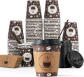JOLLY PARTY 10oz(100 Pack) Disposable Coffee Cups with Lids, Sleeves and Straws - Paper Coffee Cups with Lids, Hot Cups for Shops, Cafes, and Concession Stands(Dark Brown)