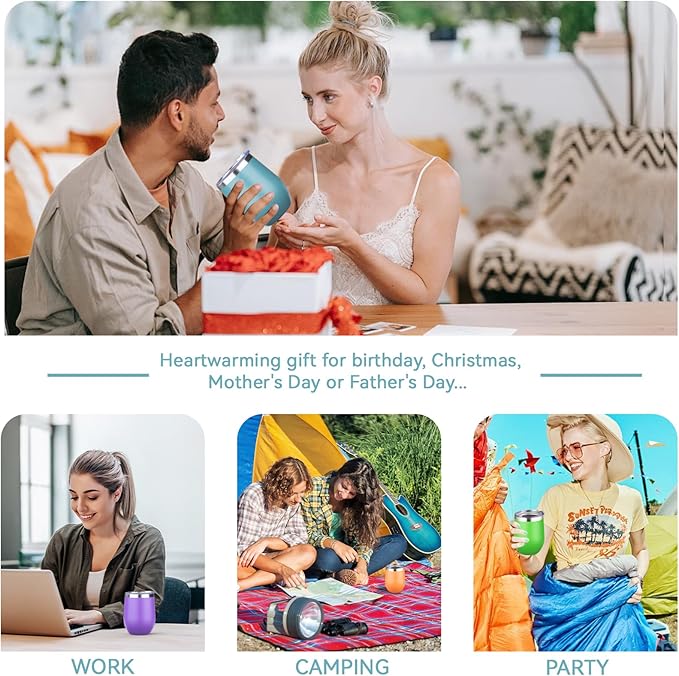 12oz/6 Pack Stainless Steel Wine Tumbler with Lid and Straw, Double Wall Vacuum Insulated Wine Tumbler Glasses, Stemless Travel Mugs for Hot and Cold Drinks, Coffee, Wine, Cocktails