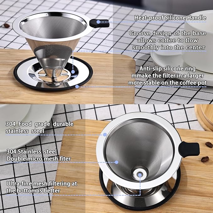 Small Size Pour Over Coffee Dripper, Stainless Steel Metal Cone Drip Coffee Filter, Paperless and Permanently Reusable, Double Mesh Coffee,TeaFilter for 1-2 Cups
