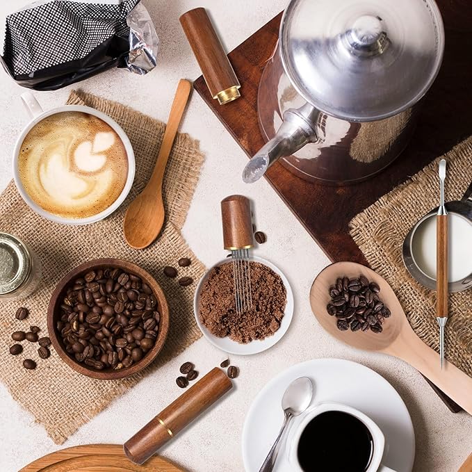 Espresso Coffee Stirrer 6 Needles, Espresso Distribution Tool with Natural Wood Handle and Base, Stainless Steel Latte Art Pen Barista Tools Espresso Accessories Kit for Home Cafe