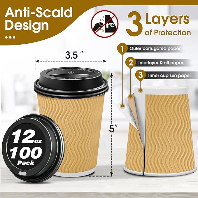 Ginkgo 100 Pack Disposable Coffee Cups with Lids 12oz, Insulated Ripple Wall To Go Paper Hot Cups - Beige