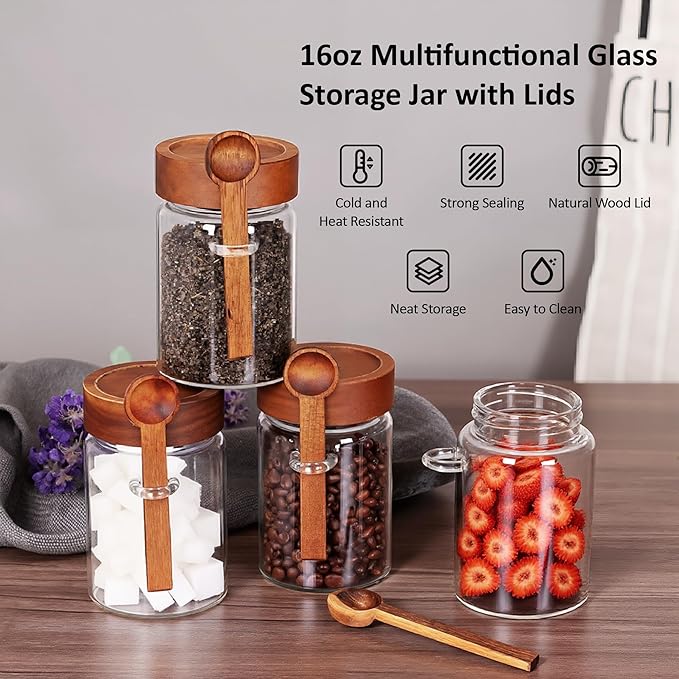 4 Pack 15 oz/450 ml Glass Storage Canister with Airtight Wooden Lid, Clear Small Decorative Container Jar with Spoon for Salad Overnight Oats Snacks Yogurt Cereal Fruit Spice Sugar Coffee
