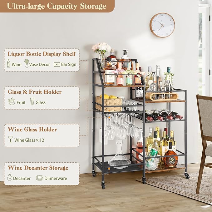 VINAEMO Rolling Bar Cart with Wine Glass Holder, Mini Bar for Whiskey Wine, Liquor Cart for Home, Alcohol Cabinet for Kitchen, Dining Room