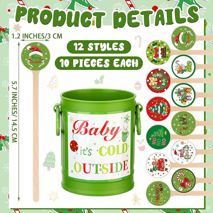 121 Pcs Christmas Wooden Coffee Stirrers with Holder and Wood Cocktail Coffee Stir Sticks Baby It's Cold Outside Disposable Drink Stirrers for Stirring Hot Restaurant Home Office(Green)