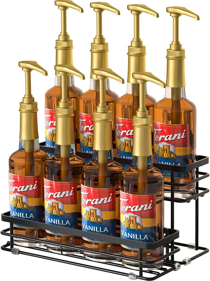 Coffee Syrup Rack Organizer, Syrup Bottle Holder Stand for Coffee Bar, 2-Tier 8 Bottles Storage Shelves for Syrup, Wine, Dressing for Kitchen Countertop (8 Bottles Black)