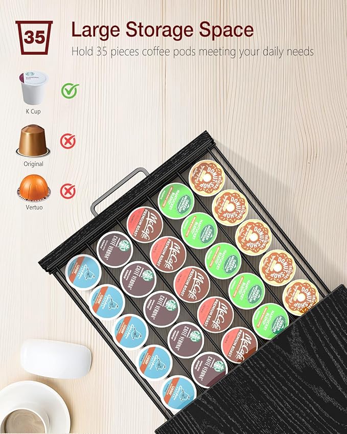 Evermagin Coffee Pod Drawer for K Cup, 35 Pods K-Cup Holder Organizer with Cup Holder, Durable Coffee Maker Stand with Storage Drawer, Black