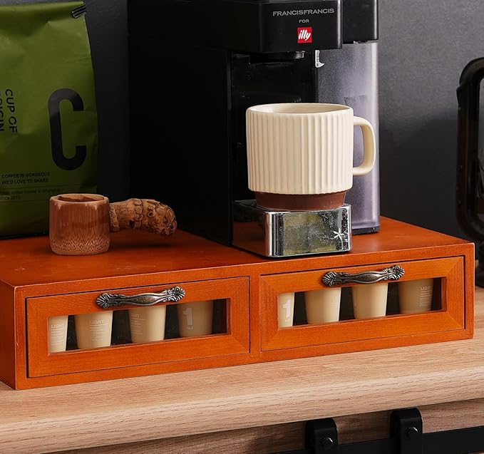 Wooden K-Cup Organizer - Coffee Pod Storage Box, 15.6 * 11.7 * 3.1 in, Compatible for Keuring Pod Holder, 30-50 Pod Capacity, No Assembly Required, Tea Bag Organizer Counter, Coffee Stand with Drawer