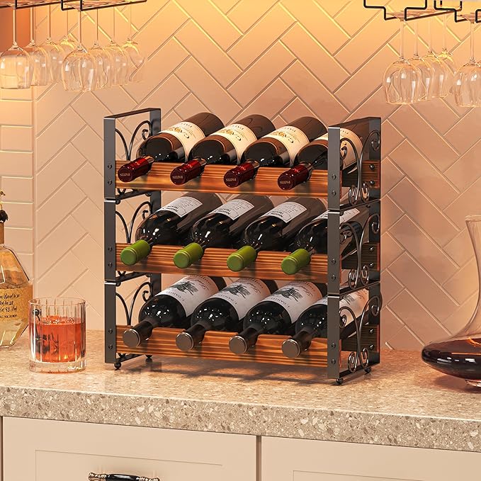 X-cosrack Wine Rack Countertop, 3-Tier 12 Bottles Small Wine Rack Stackable for Inside Cabinet, Solid Wood & Wrought Iron Wine Bottle Holder, Wine Storage Shelf for Kitchen Bar Dining Room