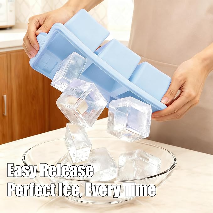 Silicone Ice Cube Tray with Lid 8-Cavity Reinforced Steel Frame Ice Cube Trays Easy Release BPA-Free Makes 3 Large Square & 5 Small Rectangular Ice Trays for Cocktails Whiskey Coffee,Pink