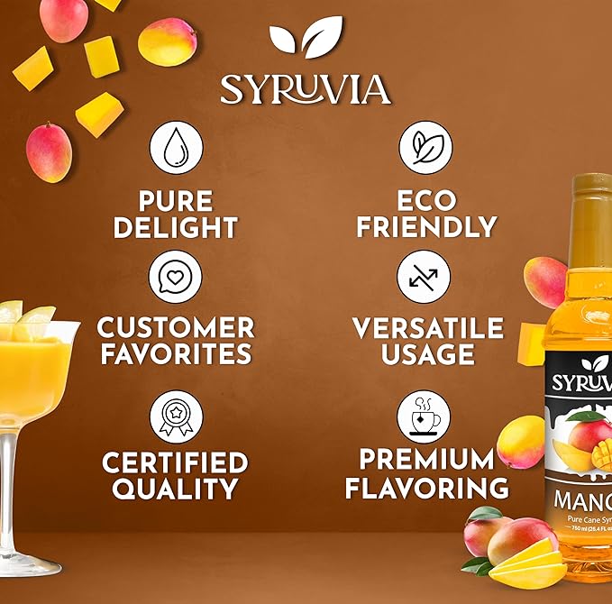 Syruvia Mango Syrup, Flavored Syrup for Drinks, Cocktails, Lemonades, Iced Teas, and Desserts – 25.4 fl oz