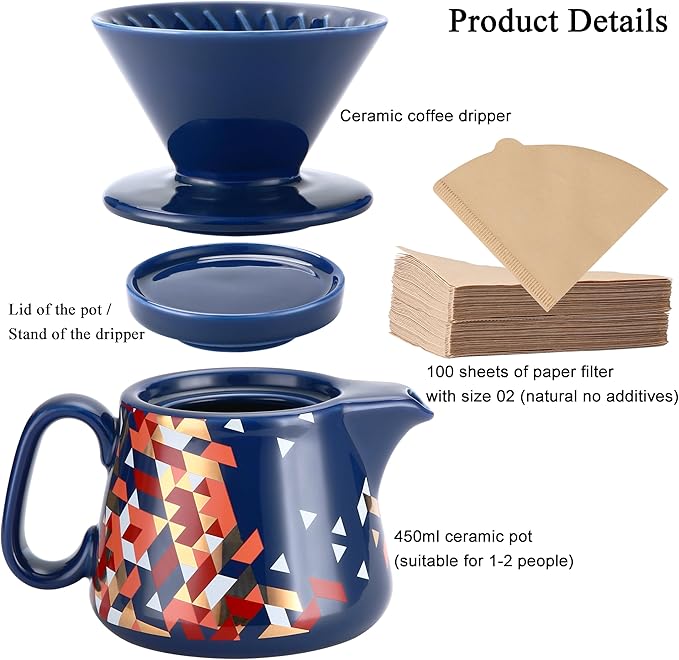 Pour Over Coffee Maker, Ceramic Coffee dripper with 100 pcs Size 02 Paper Filter, Ceramic coffee Server with Lid, 15.5oz/450 ml, Suitable for 1-2 people (Blue)
