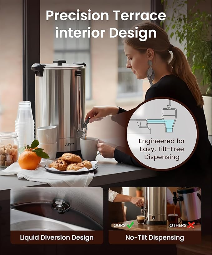 Commercial Coffee Maker 50-Cup Percolator Coffee Pot Electric Dispenser with Double Wall Stainless Steel Anti-Spill, 8L Large Fast Brew Hot Water Urn for Tea Church Events Easy Cleaning