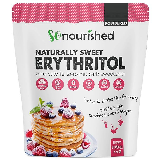 So Nourished Powdered Erythritol Sweetener - 1:1 Sugar Substitute, Keto - 0 Calorie, 0 Net Carb, Non-GMO (5 lbs / 80 oz)