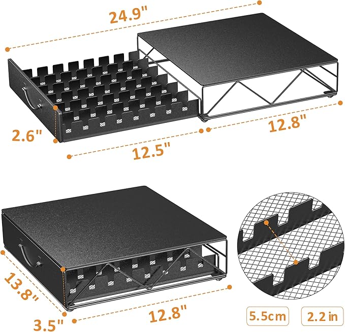 HFHOME Coffee Pod Drawer, 48 Vertuoline Coffee Pods Holder, Pods Storage Drawer Holder for 36 K Cup, Metal Coffee Station for Nespresso Vertuo Capsules for Home Office Counter, Black