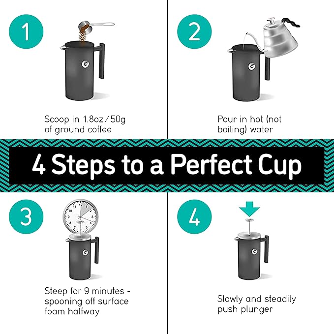 Coffee Gator 304 Grade Stainless Steel French Press Coffee Maker 34 oz, Double Wall Insulated Teapot with 4-Level Filtration System, Include Travel Jar Canister, Rust-Free, Dishwasher Safe, Silver