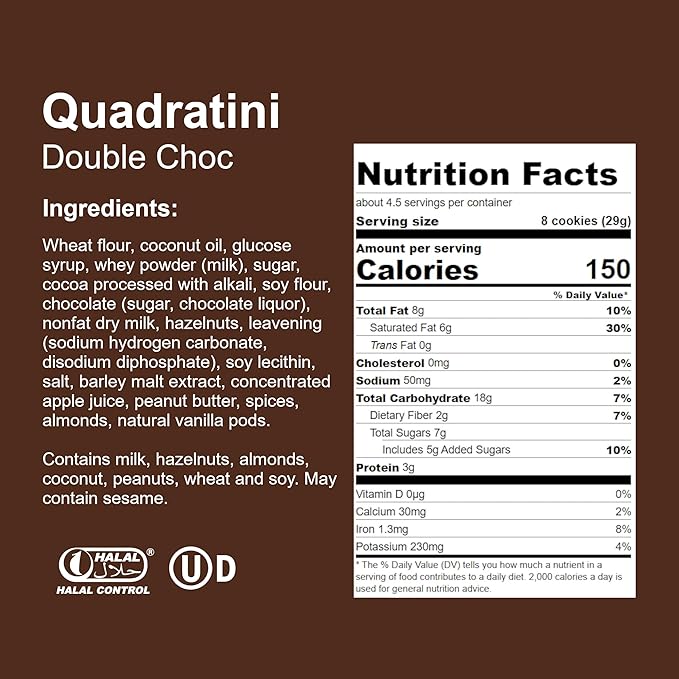 Loacker Quadratini Double Choc Wafer Cookies LARGE - 30% Less Sugar - Premium Crispy Bite Size Cocoa Wafers - NON-GMO - LARGE Pack of 6