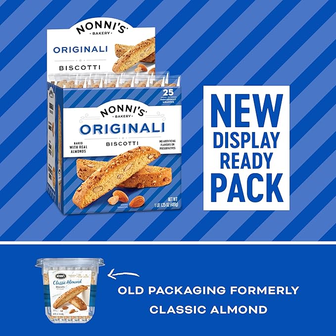 Nonni's Originali Classic Almond Biscotti Cookies – Individually Wrapped Italian Coffee Snack, Crunchy Twice-Baked, 80 Cal Each, 17.25 oz Carton, 4 Pack