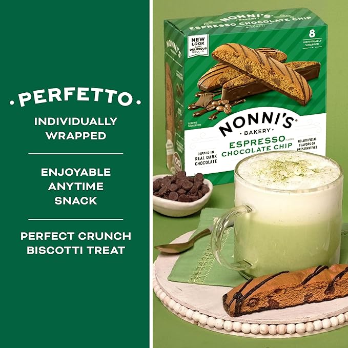 Nonni's Espresso Chocolate Chip Biscotti Cookies - Espresso Chocolate Chip Cookies - Biscotti Italian Cookies w/Dark Chocolate - Italian Biscotti Individually Wrapped Cookies - Kosher - 6.88 oz