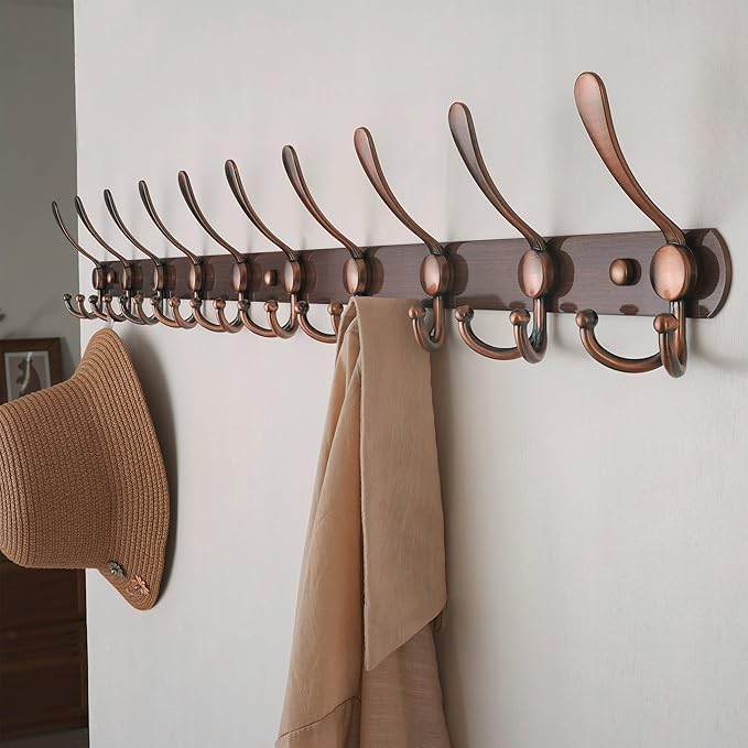 Dseap Coat Rack Wall Mount - 38” Long 10-Tri-Hooks Heavy Duty Coat Hanger Rail Wall Hooks for Hanging Coats Hats Clothing Clothes Purse Mudroom Entryway, Antique Copper