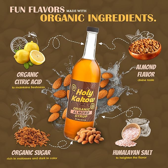 Holy Kakow Cafe Organic Almond Syrup - Almond Syrup, Coffee Syrup, Organic Syrup for Coffee, Almond Syrup for Coffee, Add to Latte, Cocktail and Shake, Real Food Ingredients, Specific Flavor - 750ml