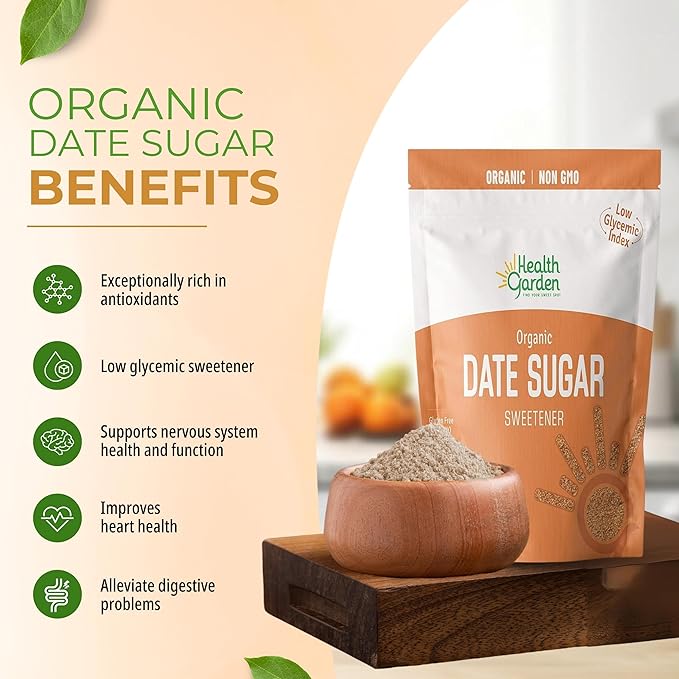 Health Garden Date Sugar (16 OZ), Organic Date Sugar Sweetener, All-Natural Dried Ground Dates, Rich in Vitamins and Minerals, No Gluten, Non-GMO, Low Glycemic Sugar Substitute (1 LB pack of 2)